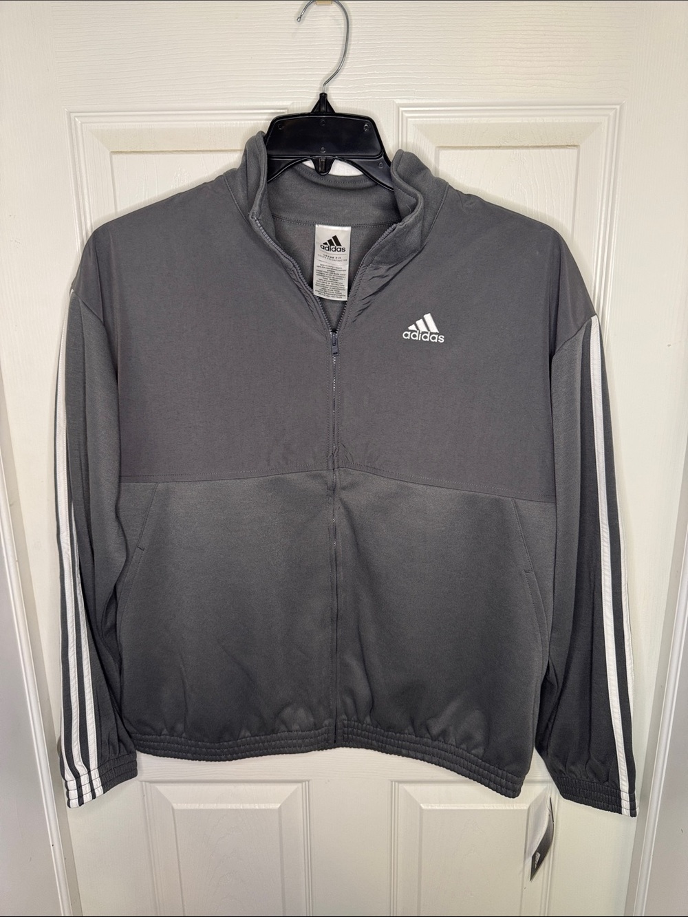 NWT Boys adidas Gray Full-Zip Lightweight Track Jacket with White Stripes